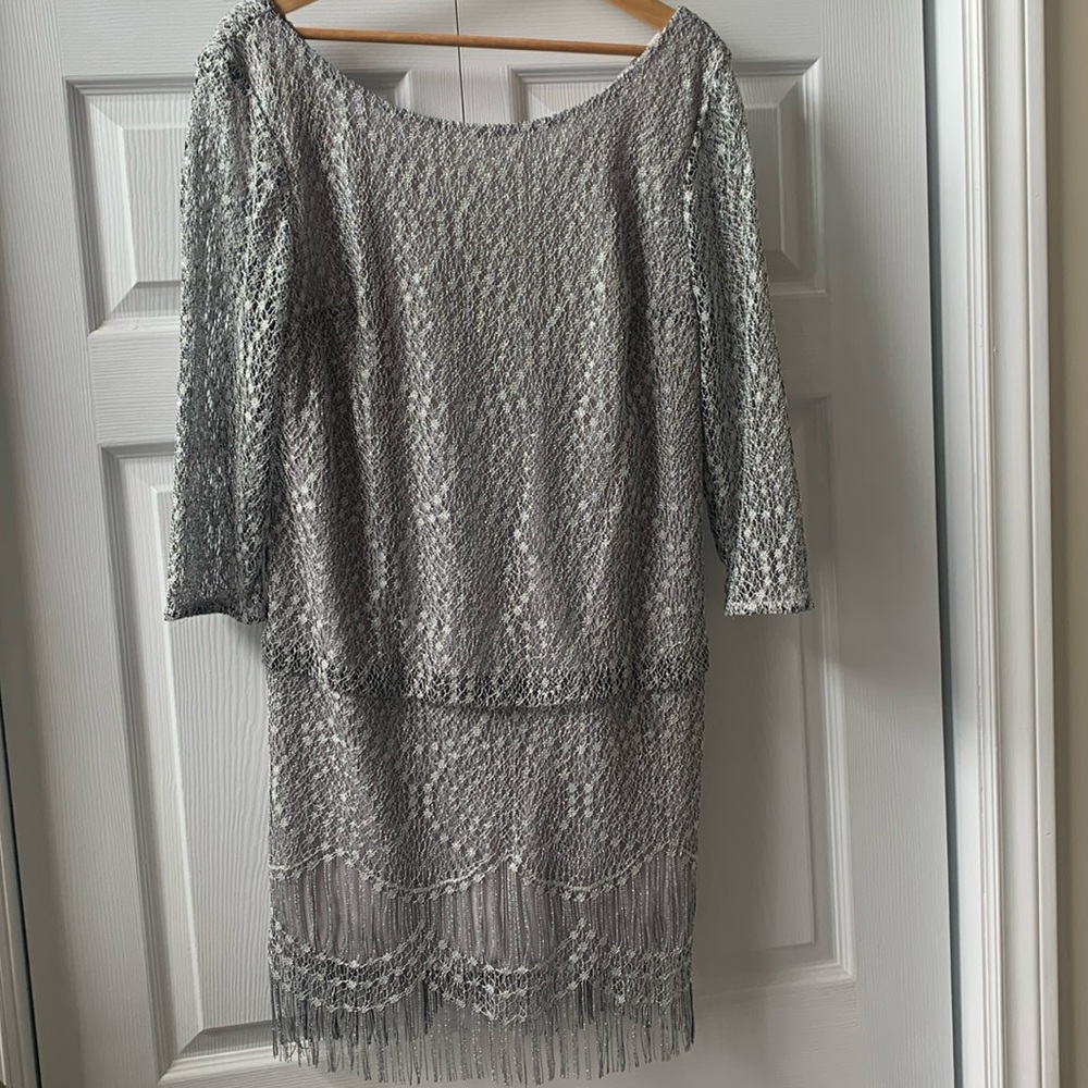 Laura silver lace fringed bottom jersey lined pull on dress EUC